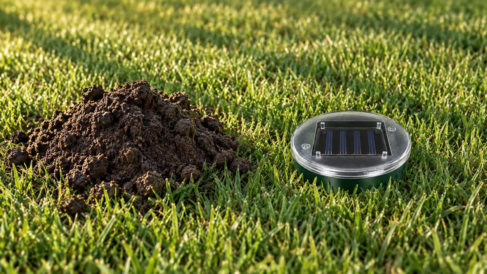 Piquet répulsif solaire planté tête au ras du gazon dans une pelouse rase, à quelques dizaines de centimètres d'une taupinière fraîche, lumière rasante du matin