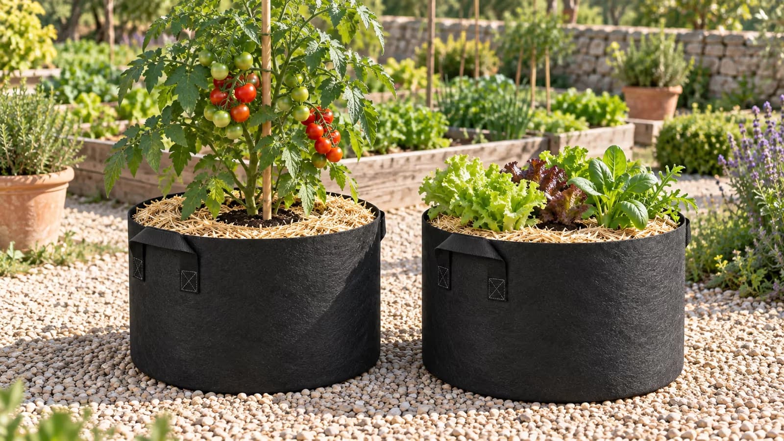 Deux sacs de culture en textile noir remplis de substrat sombre, paillés de paille hachée, devant un potager français en fin de matinée d'été