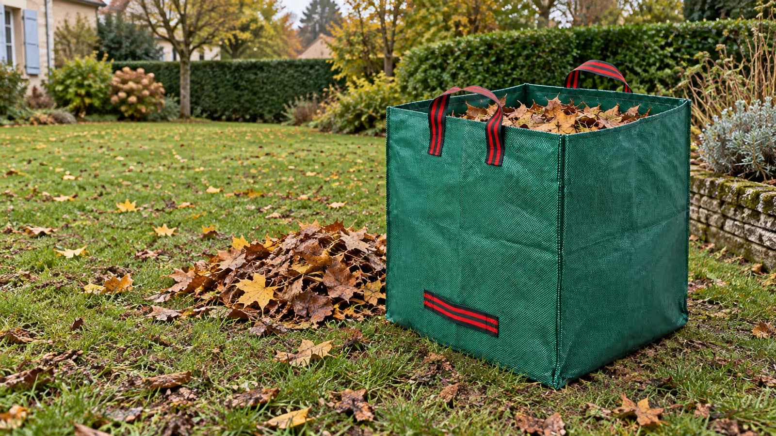 Feuilles mortes broyées sur une pelouse d'automne, sac de jardin de 270 litres en toile tissée posé à côté