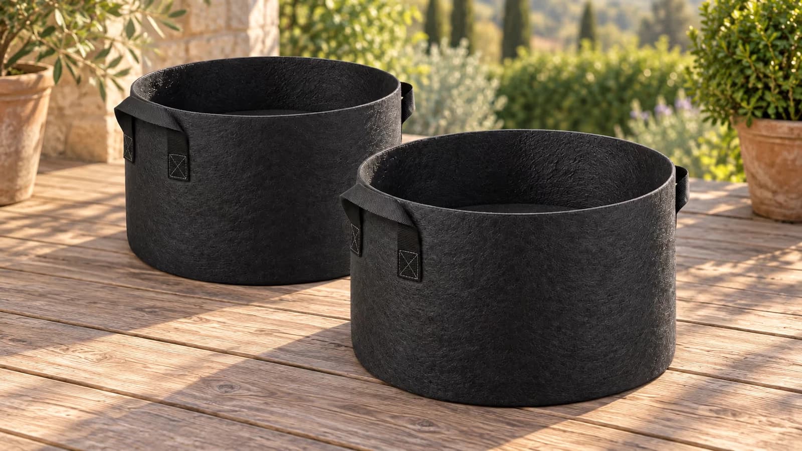 Deux grands sacs de culture en textile noir posés vides sur une terrasse en bois, ouverture de 50 cm, lumière du matin