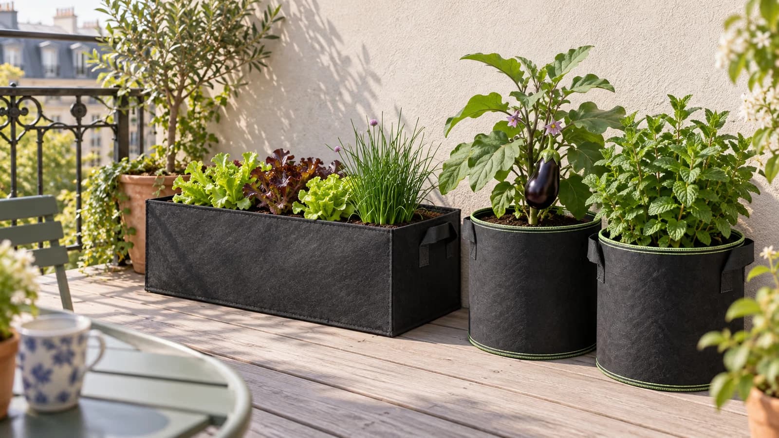 Bac de culture en tissu noir de 50 cm contre un mur de balcon, deux sacs de plantation ronds à côté