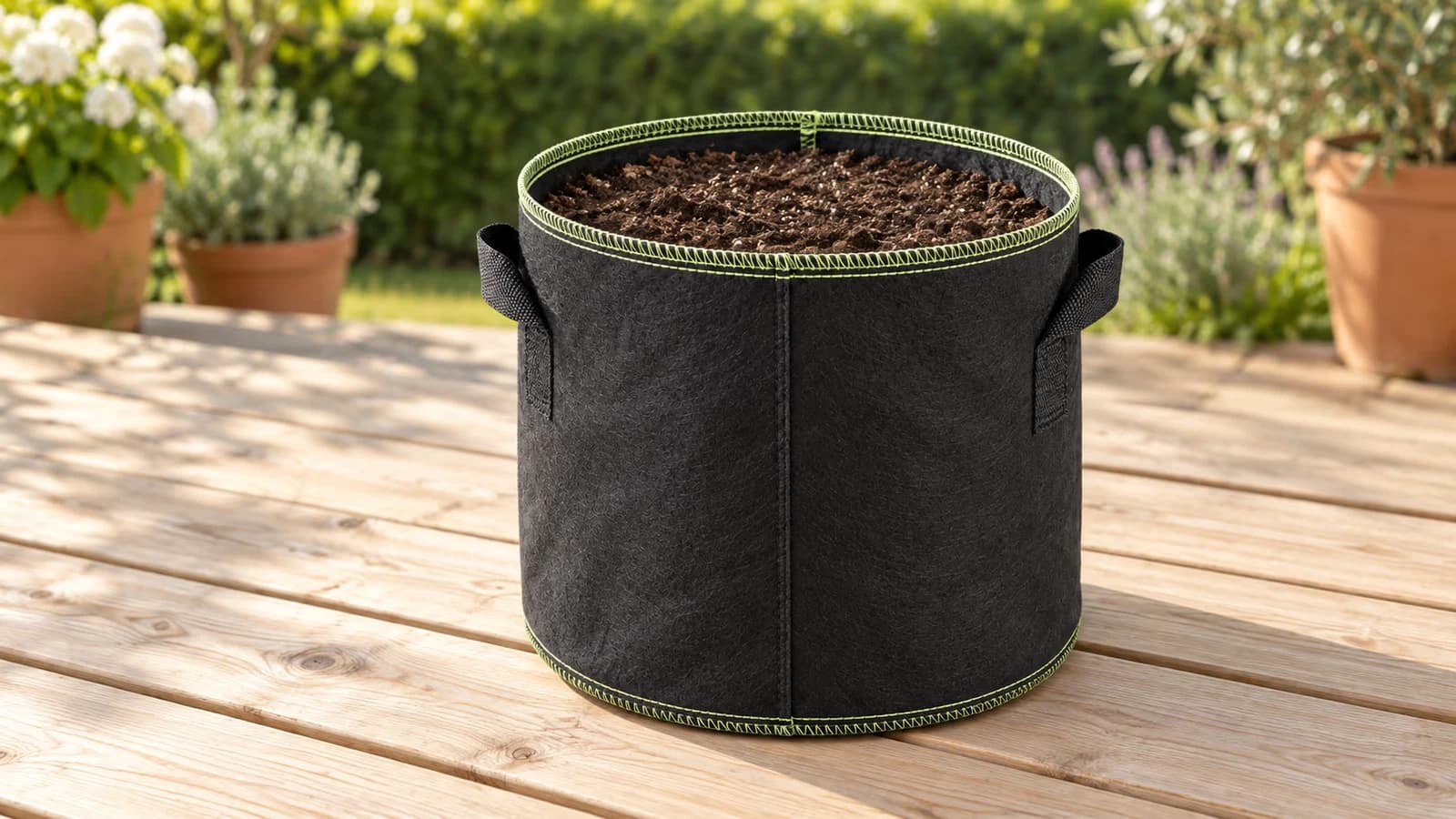 Pot en tissu noir cylindrique de 25 cm de diamètre posé sur une terrasse en bois, poignées latérales visibles