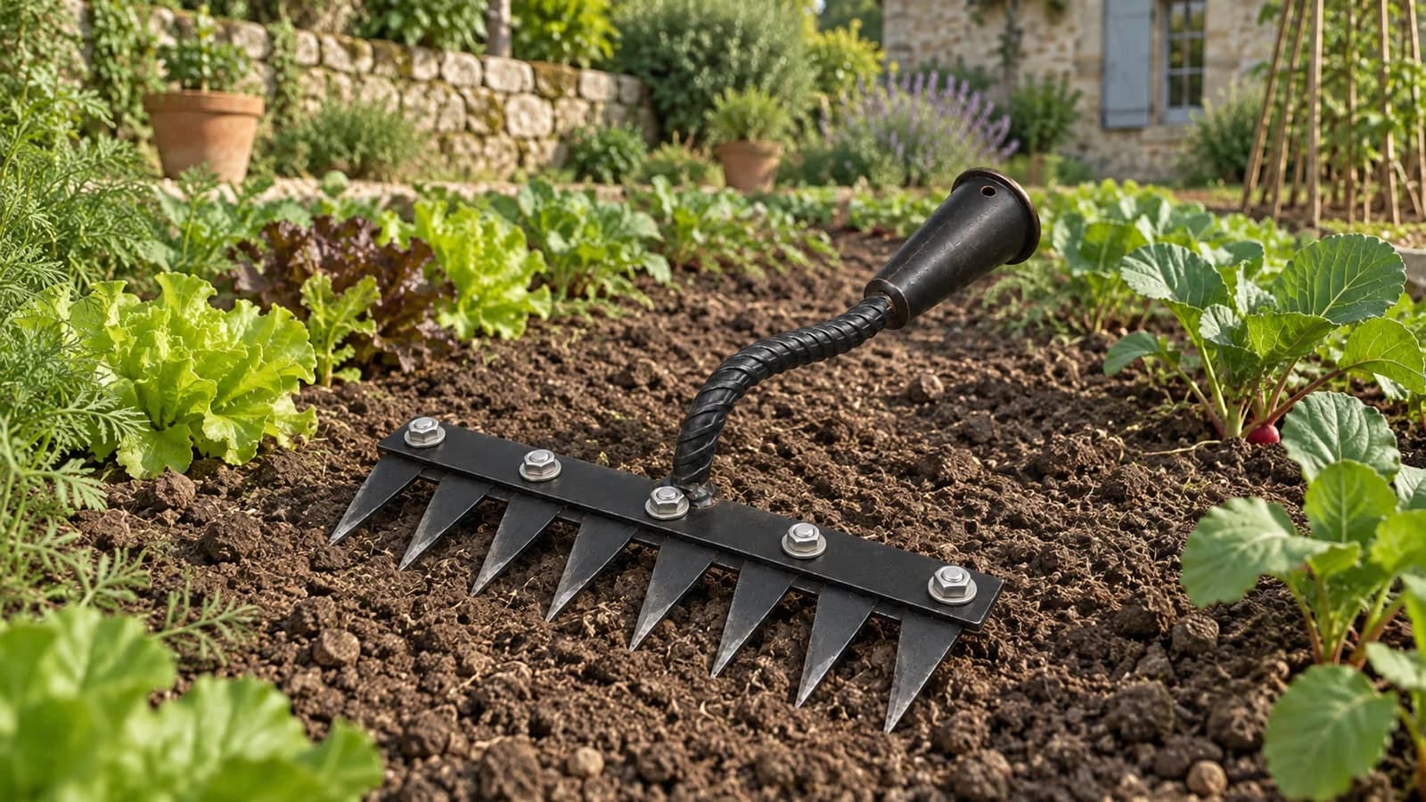 Tête de sarcloir à huit dents plates en acier brut posée à plat sur la terre fine entre deux rangs de légumes jeunes dans un potager