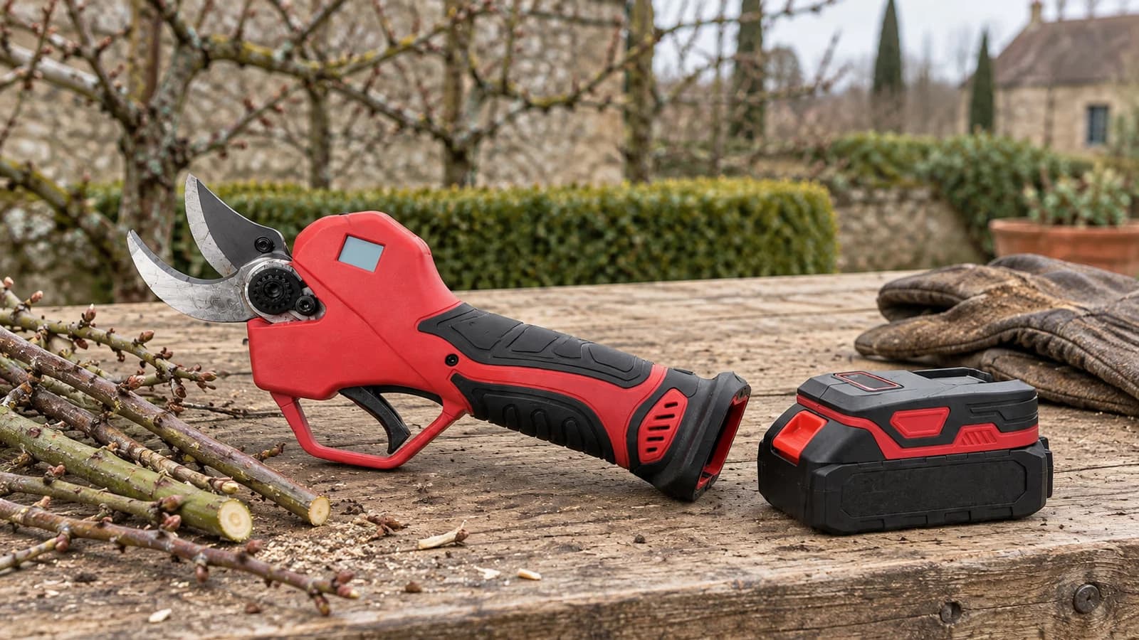Sécateur électrique rouge et noir posé sur un établi, avec sa batterie et des rameaux fraîchement coupés