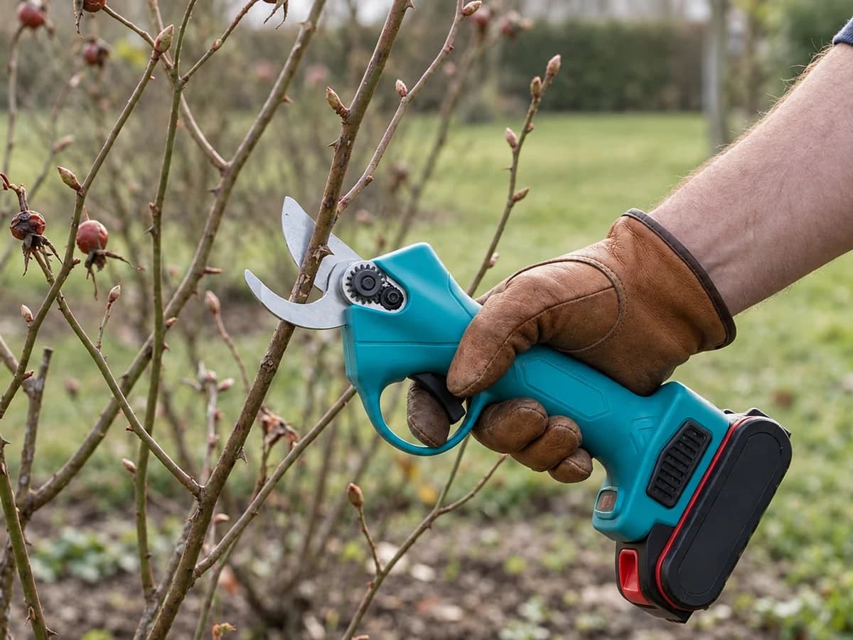 Lame en action coupant une branche fine de rosier au printemps
