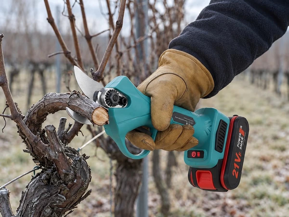 Sarment de vigne de 25 mm sectionne net par un secateur electrique en hiver, main gantee visible