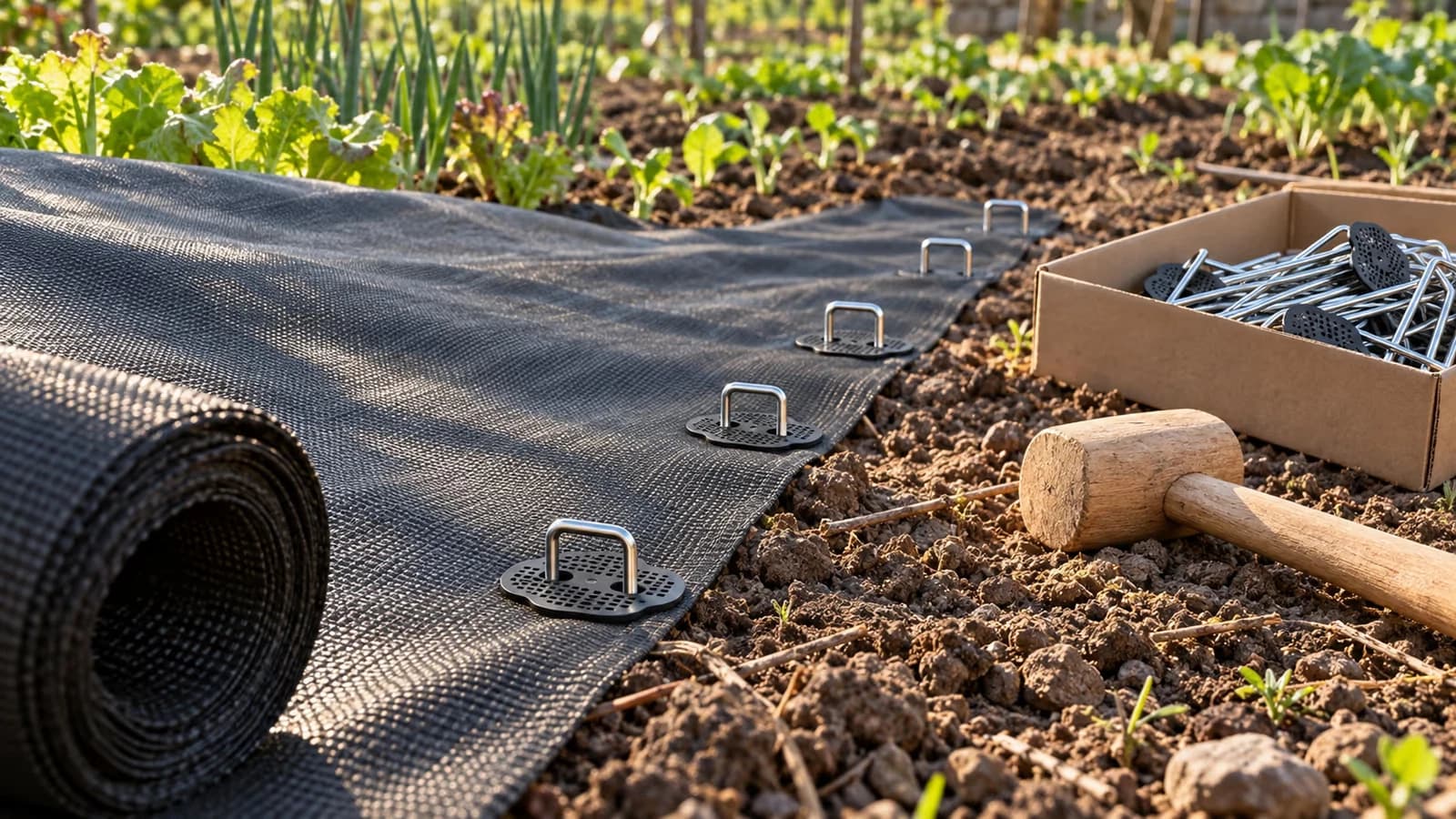 Chantier de pose d'une toile de paillage au printemps, maillet en bois posé au sol près d'un carton de crampons en U ouverts