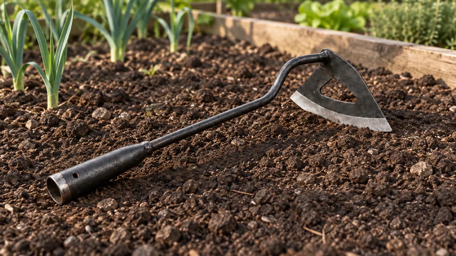 Binette à lame creuse posée sur une planche de potager, tranchant tourné vers le sol