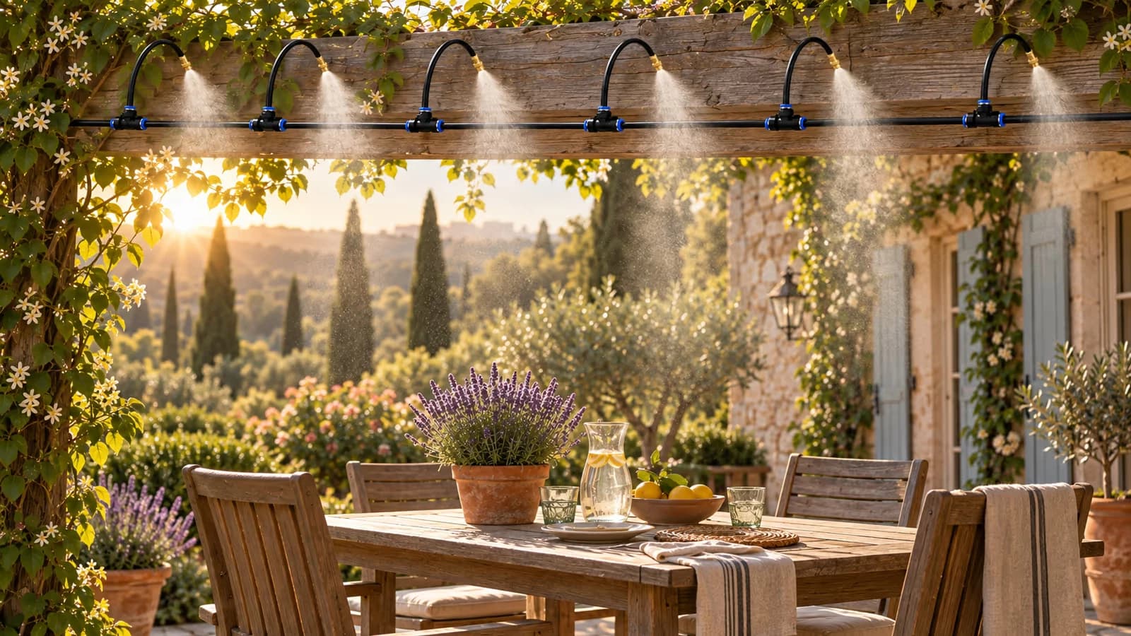 Ligne de brumisation fixée sous une pergola en bois, fine brume suspendue au-dessus d'un salon de jardin en fin d'après-midi