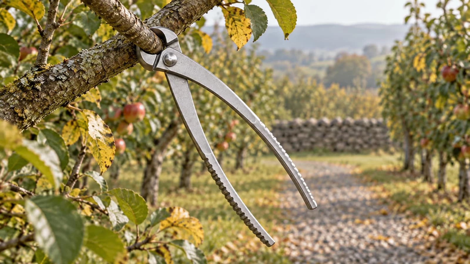 Gros sécateur manuel en acier inoxydable engagé profondément dans une branche épaisse de pommier, dans un verger en automne