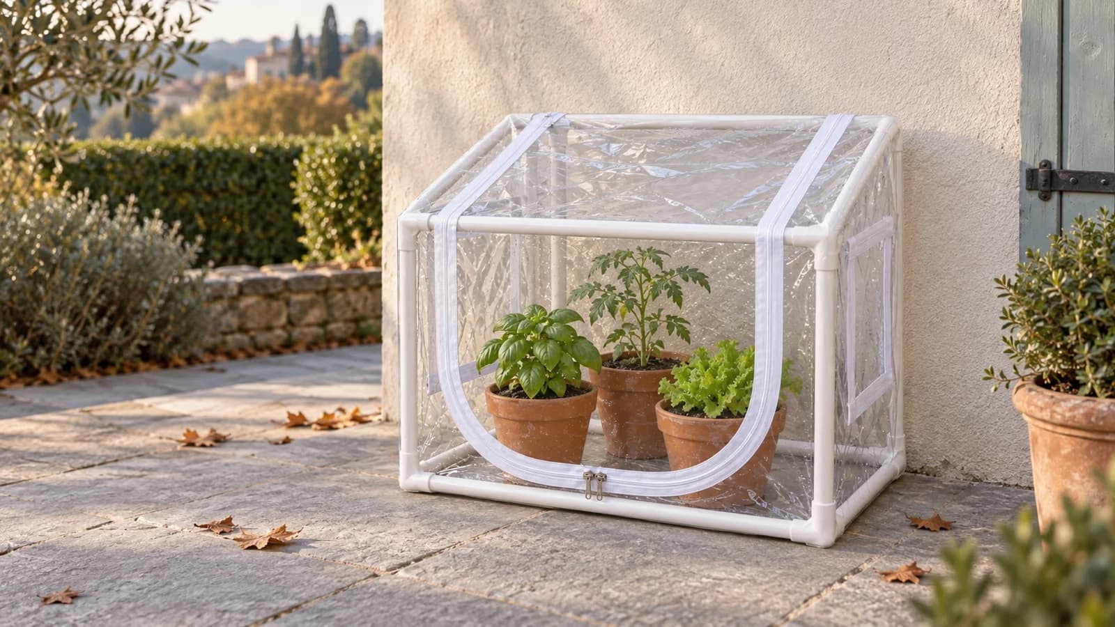 Mini serre transparente à armature blanche posée contre un mur, façade fermée, quelques pots visibles à l'intérieur