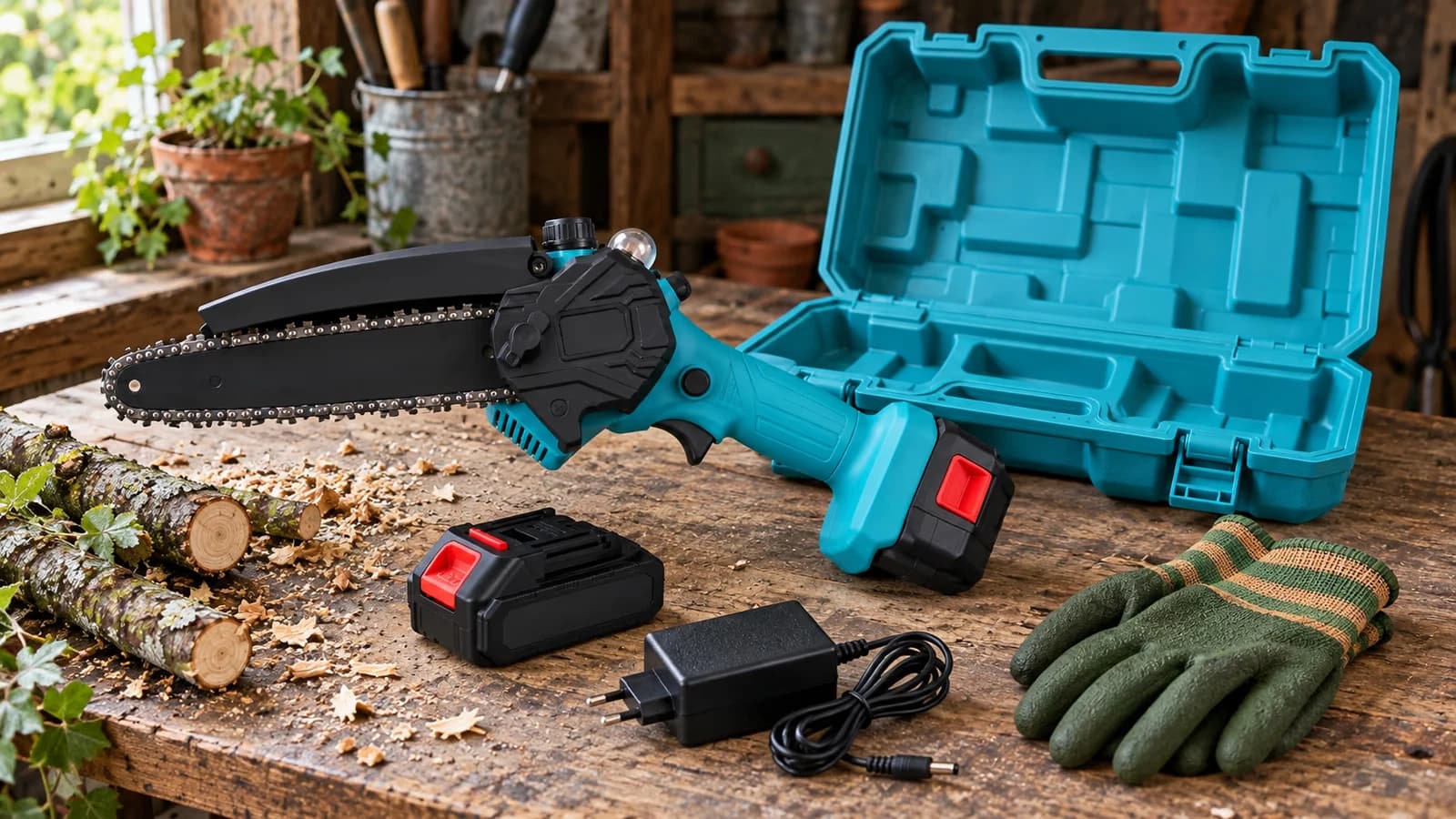 Mini tronçonneuse posée sur un établi, coffret ouvert à côté avec deux batteries, un chargeur et une paire de gants