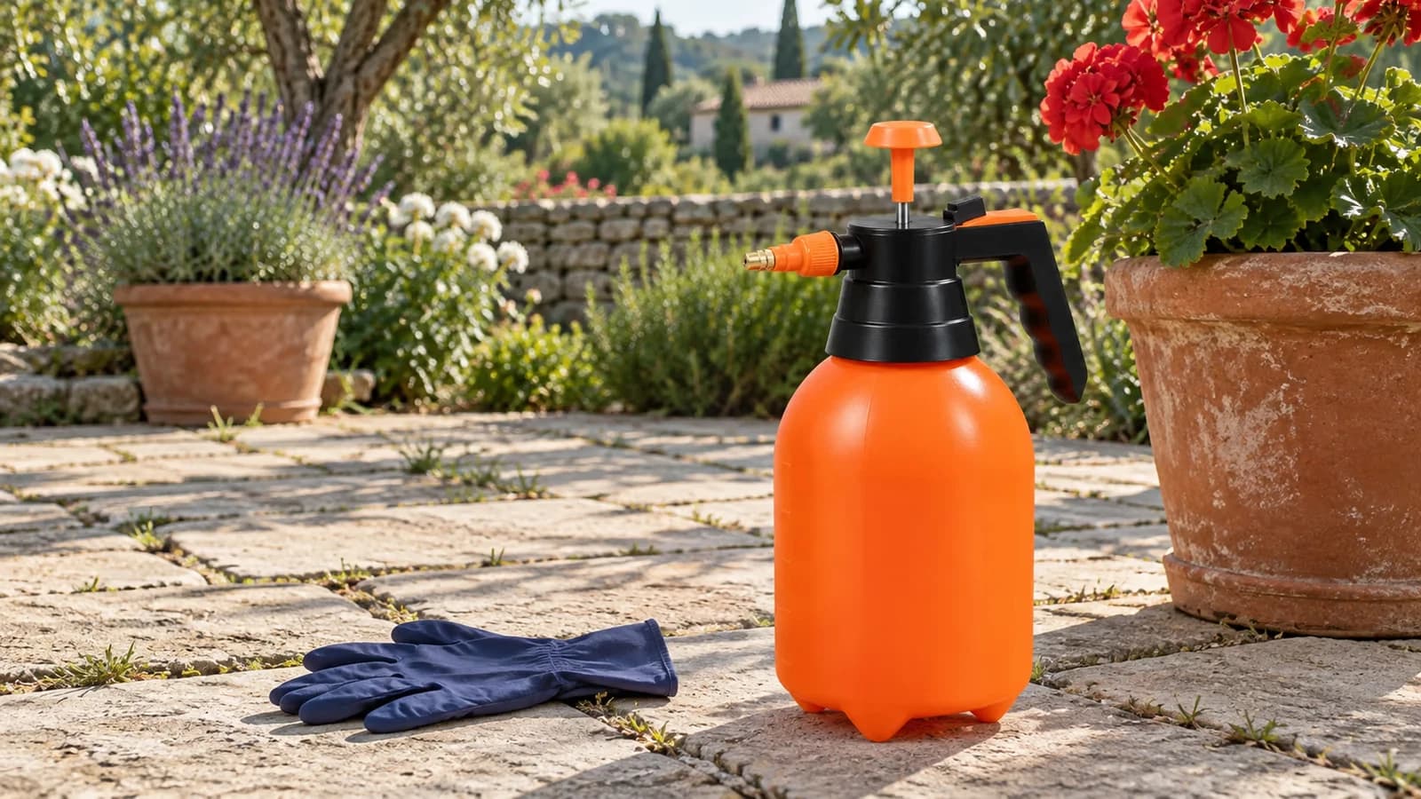 Pulvérisateur orange de 2 L posé sur les dalles d'une terrasse, à côté d'un pot de géraniums et d'une paire de gants