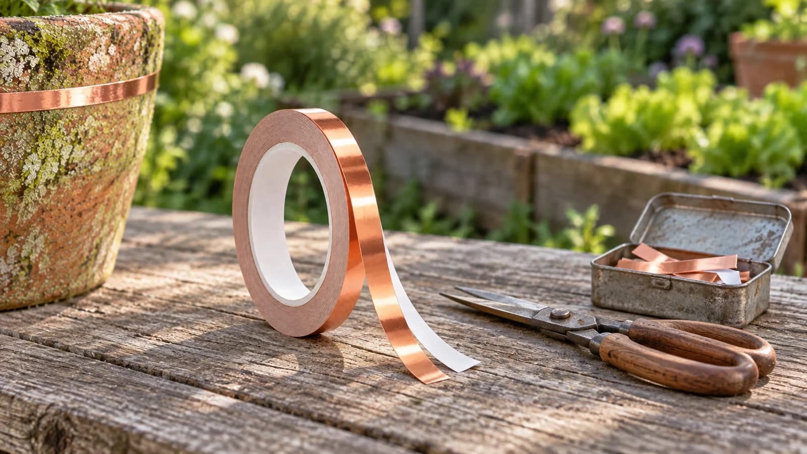 Rouleau de ruban de cuivre adhésif posé sur une table de potager en bois, ciseaux et chutes de bandelette dans une boîte à côté