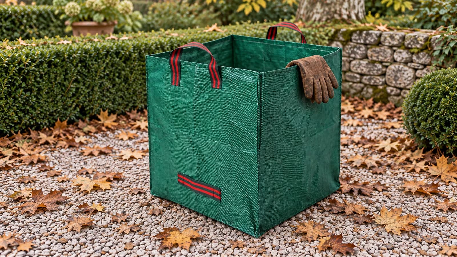 Sac de jardin en toile tissée verte posé ouvert sur une allée couverte de feuilles mortes, gants de jardinage posés sur le bord
