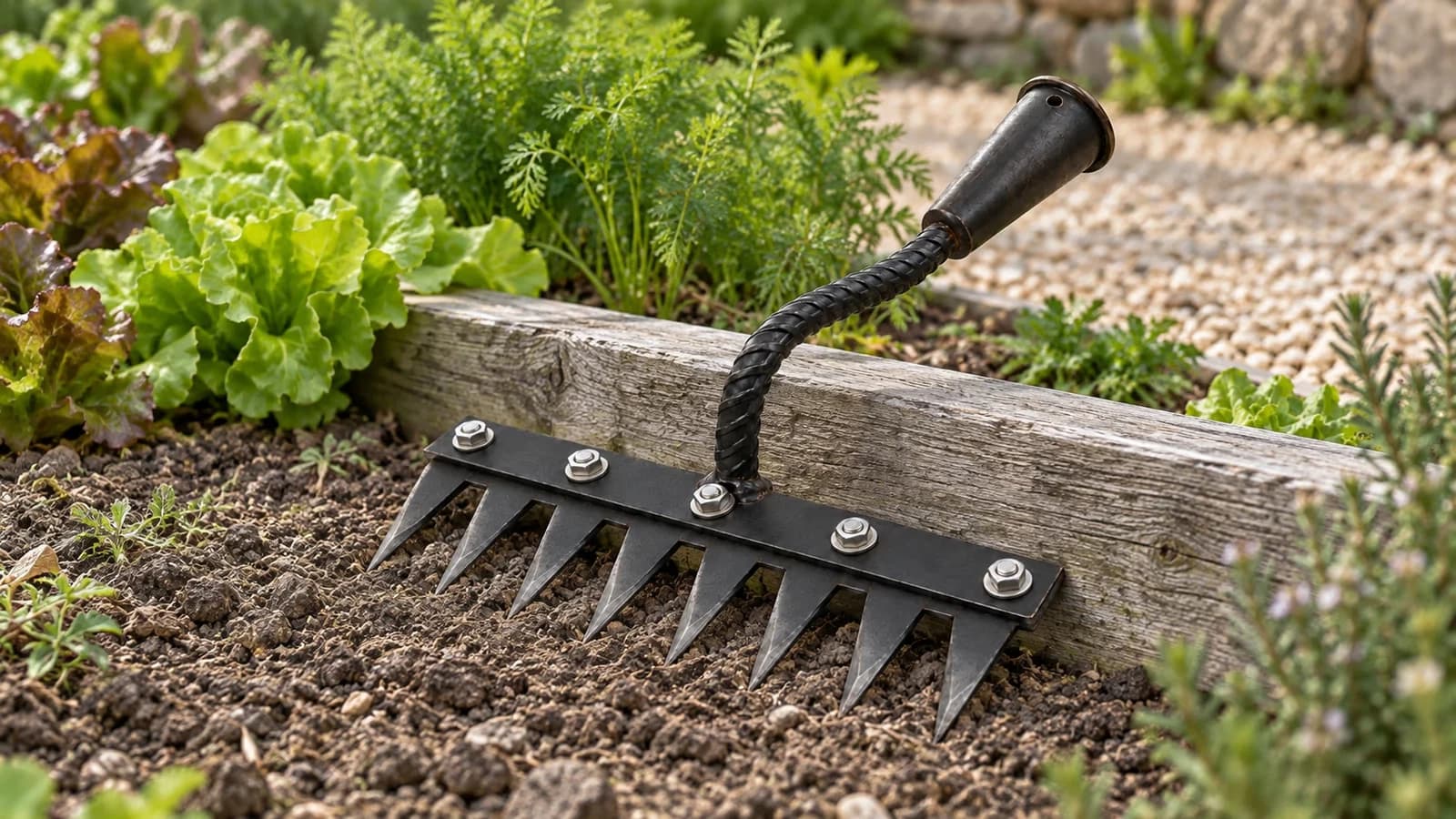 Griffe sarcloir à huit dents plates posée dents contre le sol sur une planche de potager, douille vers l'allée