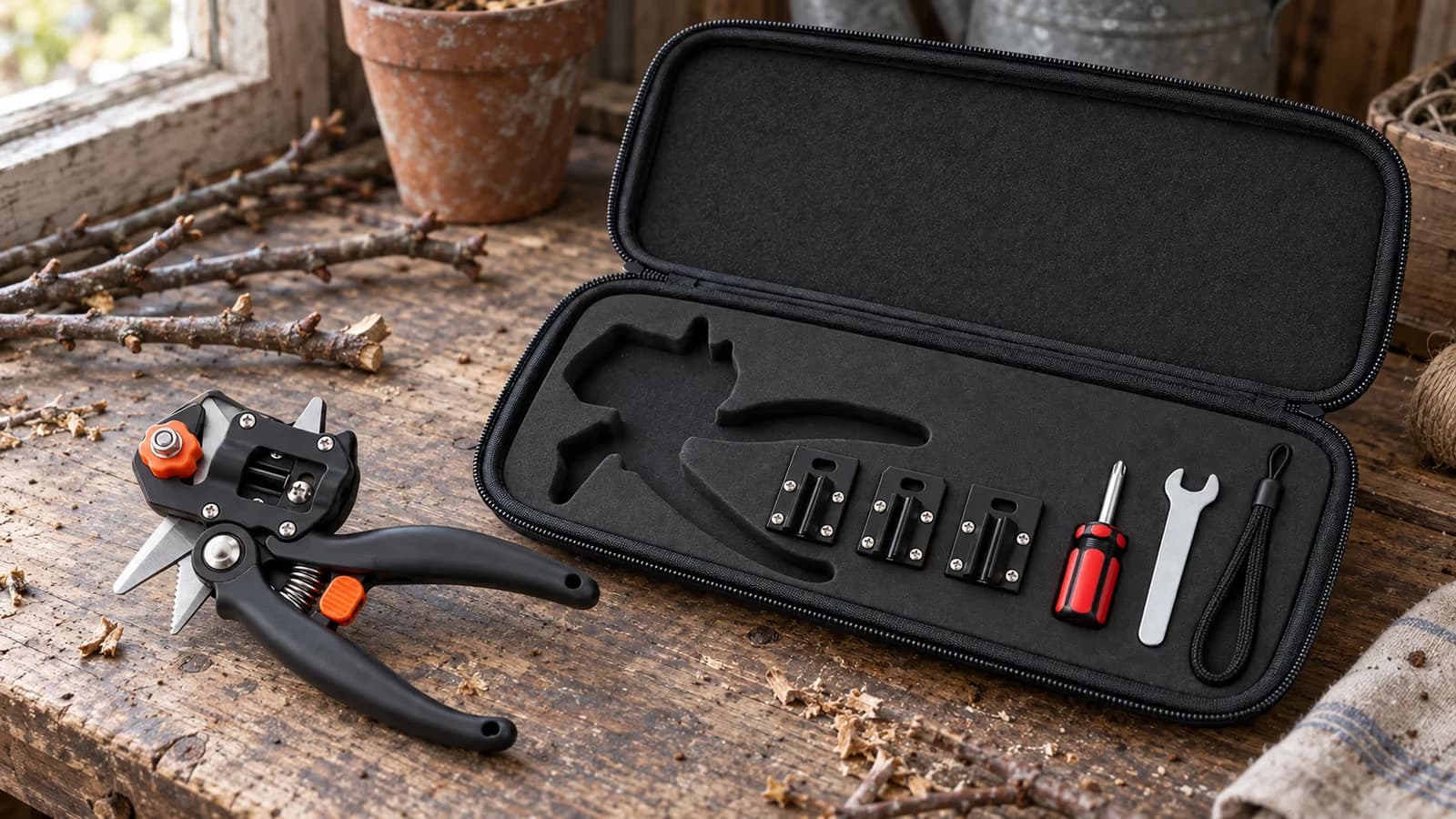 Un sécateur de greffage avec sa molette orange, posé près de son coffret noir sur un établi en bois sous une lumière d'hiver