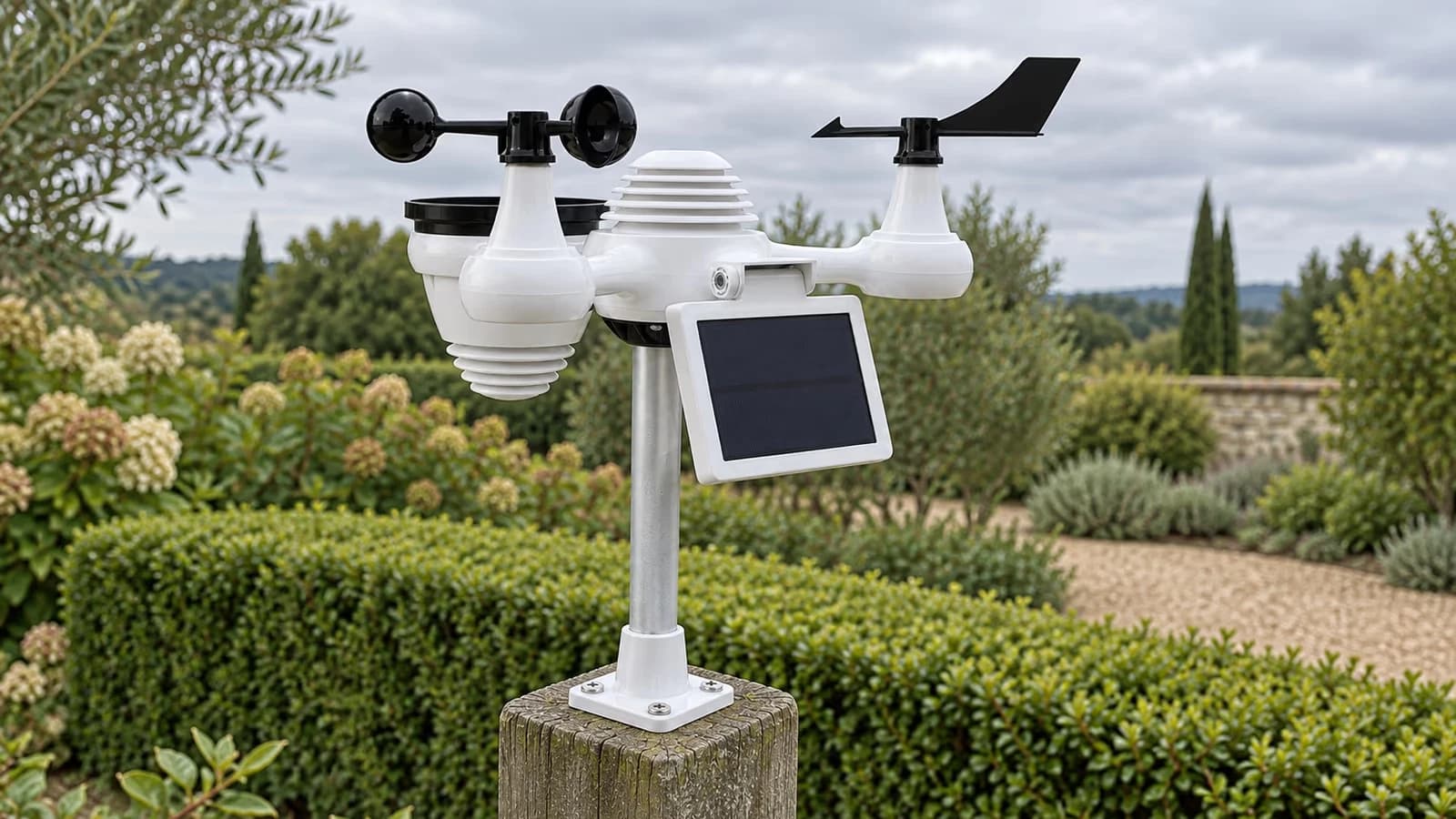 Station météo en tête de mât sur un poteau de clôture, girouette et coupelles visibles, jardin dégagé sous un ciel couvert