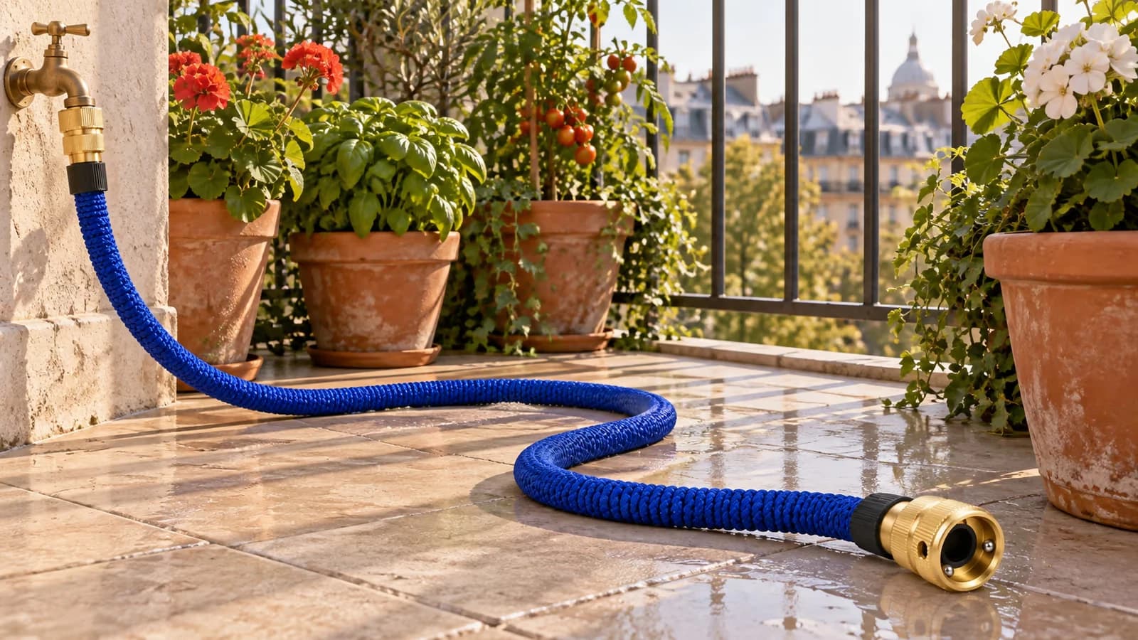 Tuyau extensible compact bleu déployé sur un balcon carrelé, passant à l'écart d'une jardinière le long d'un garde-corps métallique
