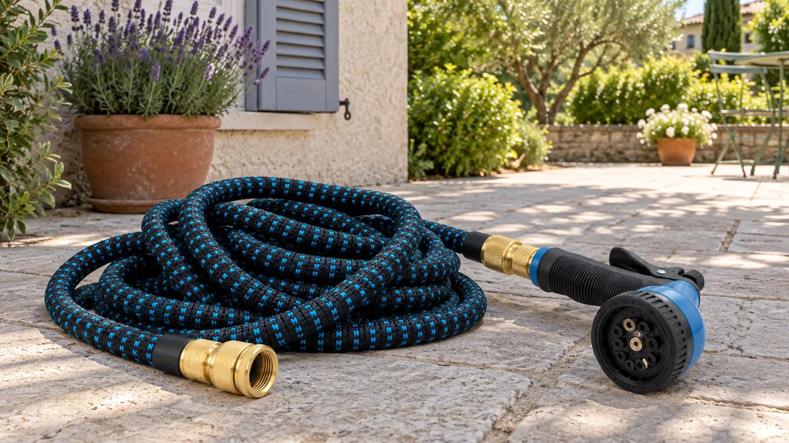 Tuyau d'arrosage extensible à raccords laiton déroulé sur une terrasse, pistolet dix jets posé à côté, mur à l'ombre en arrière-plan