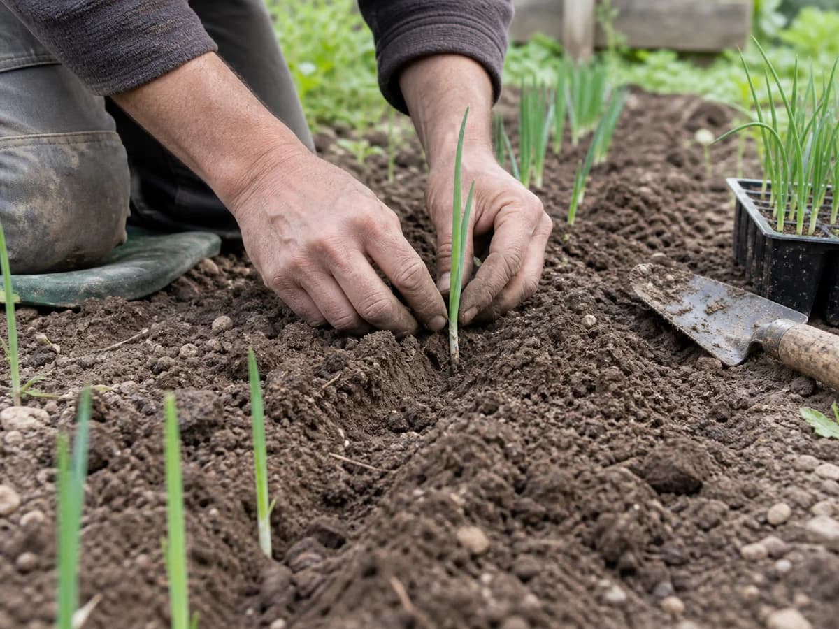 Mains de jardinier repiquant un jeune plant d'oignon au stade crayon dans un rang de potager