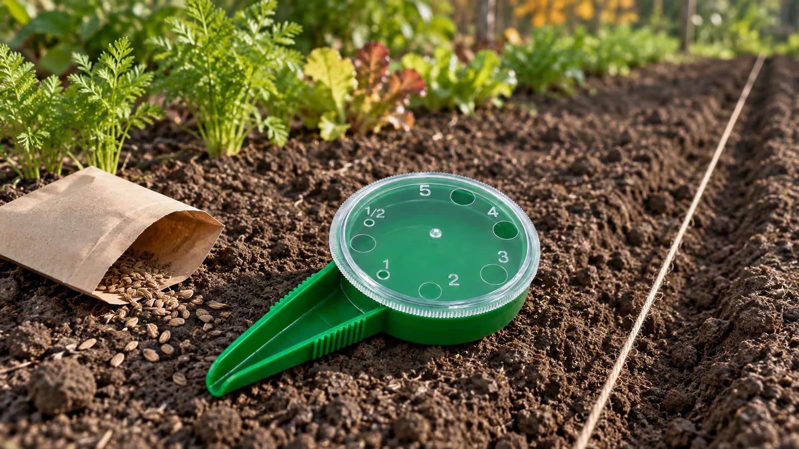 Semoir à main vert posé sur une planche de terre émiettée, à côté d'un sachet de graines de carotte et d'un cordeau tendu le long du rang