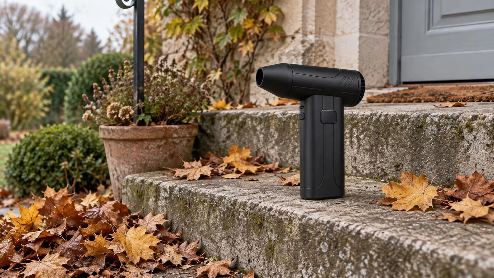 Mini souffleur de feuilles rechargeable tenu au-dessus d'un palier d'escalier extérieur jonché de feuilles mortes