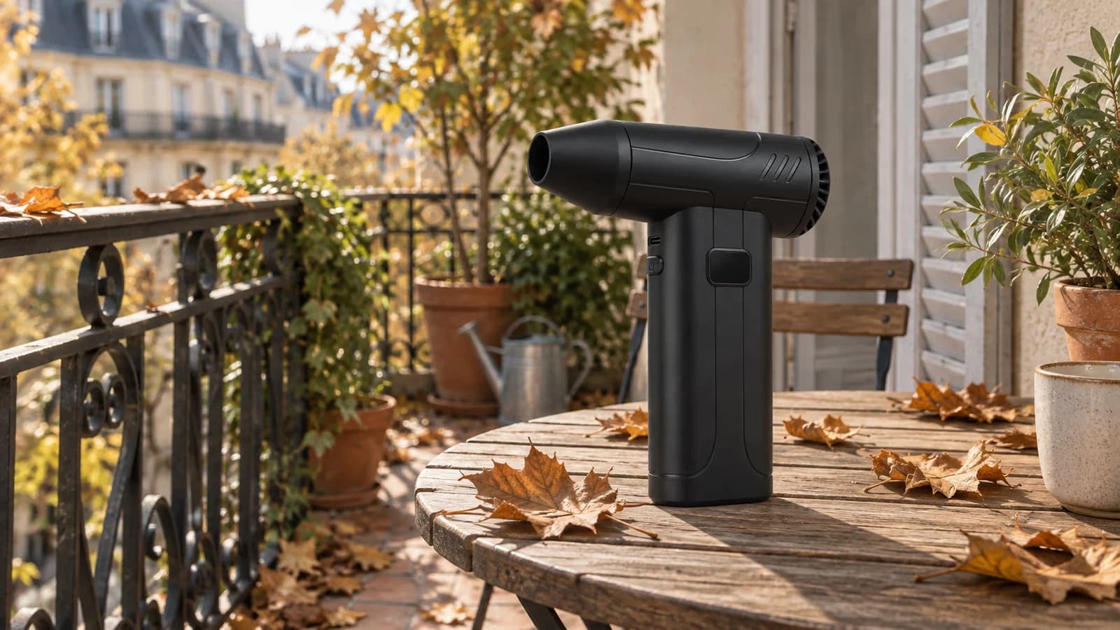 Mini souffleur de feuilles rechargeable noir mat posé sur une table de balcon, feuilles mortes éparses en arrière-plan