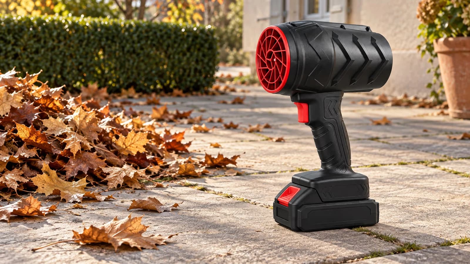Souffleur compact noir posé sur une terrasse en dalles claires, buse tournée vers un tas de feuilles rousses