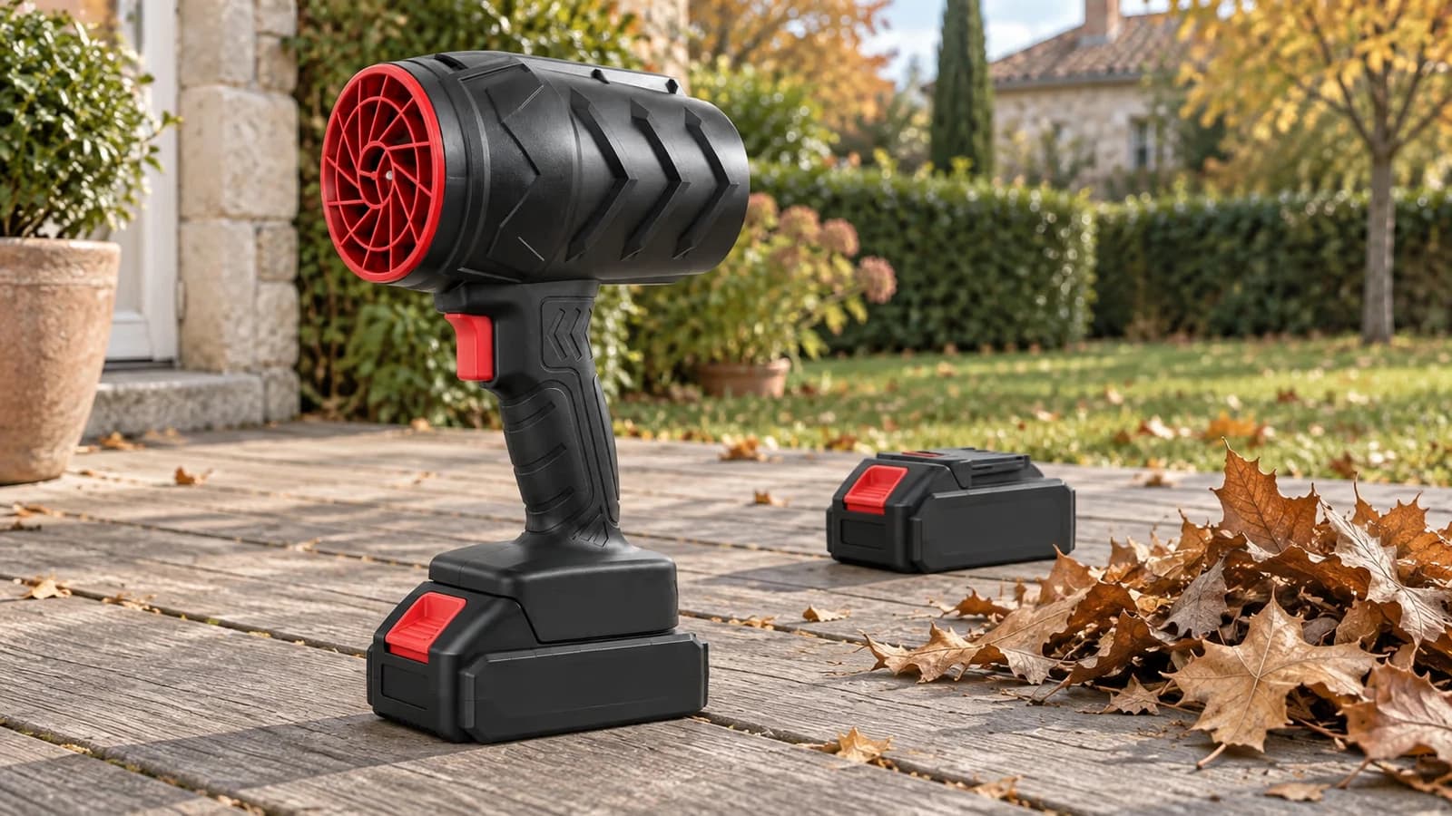 Souffleur feuilles compact posé sur une terrasse en bois, à côté d'un petit tas de feuilles mortes et d'une batterie de rechange