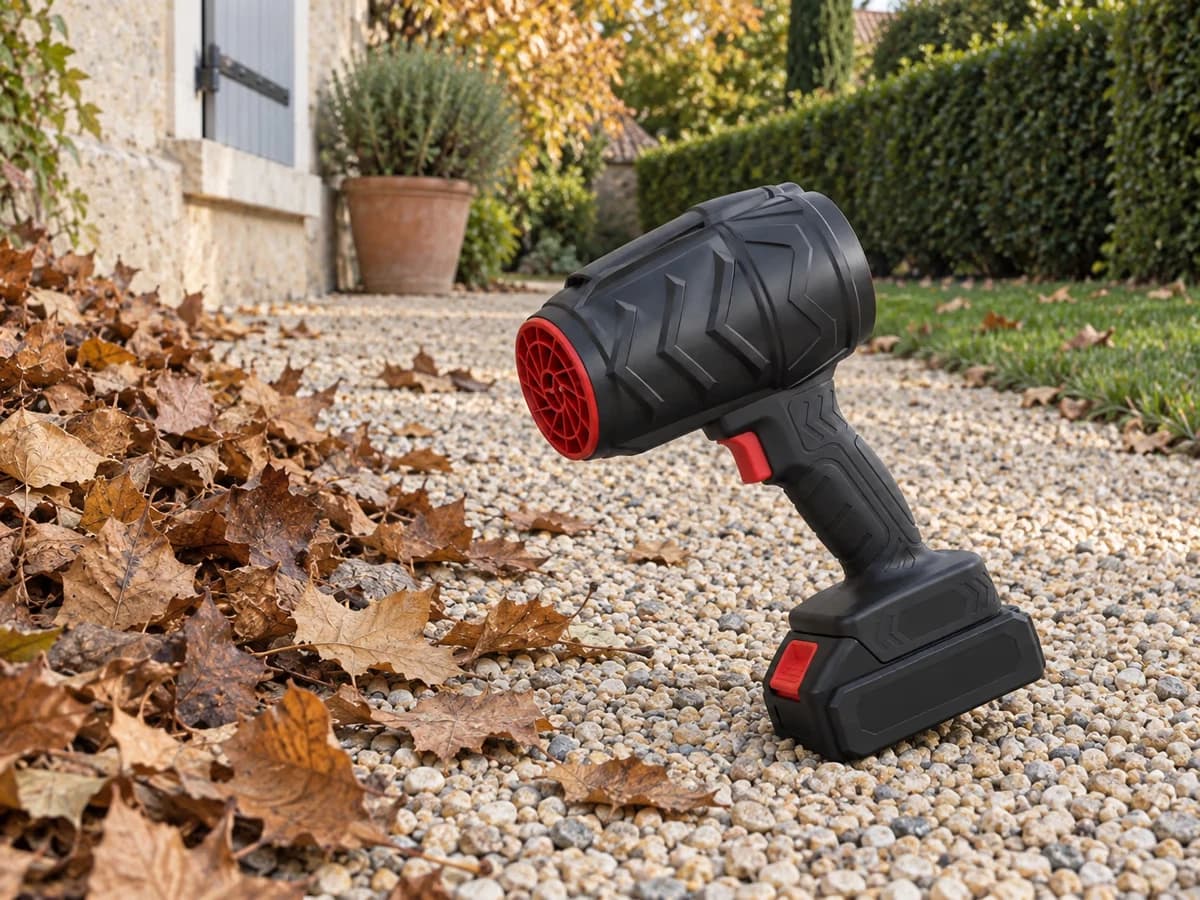 Souffleur feuilles compact posé sur une allée de graviers, buse inclinée vers un tas de feuilles mortes