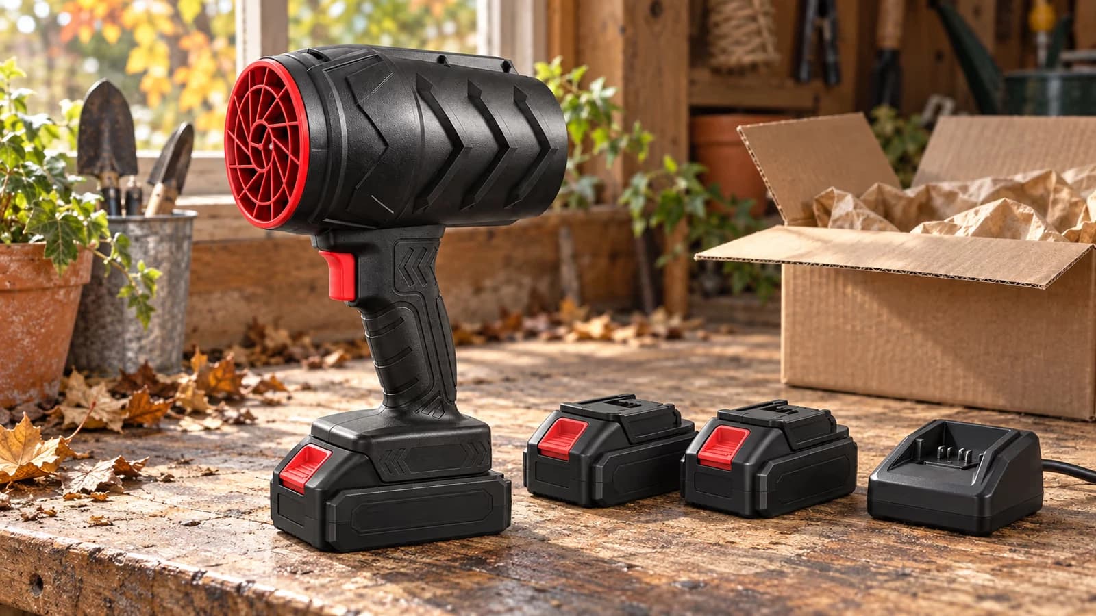 Souffleur de feuilles compact posé sur une table d'atelier, deux batteries rechargeables et le chargeur alignés à côté du carton ouvert