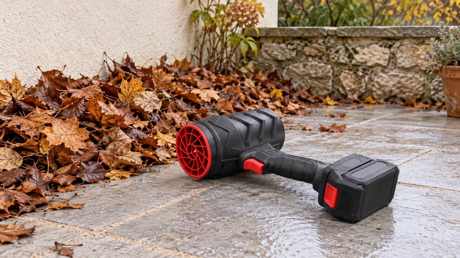 Souffleur de feuilles compact posé sur une terrasse en dalles grises, tas de feuilles mortes rassemblé contre le mur de façade