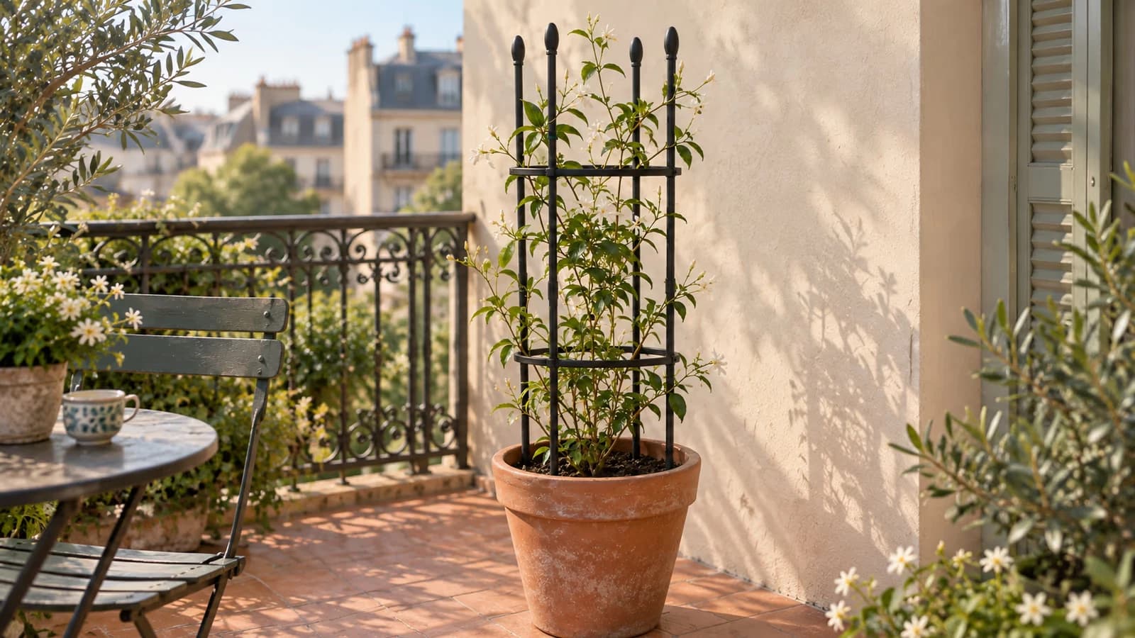 Tour de treillis métallique plantée dans un grand pot de balcon, feuillage de jasmin grimpant attaché aux montants, mur intact derrière