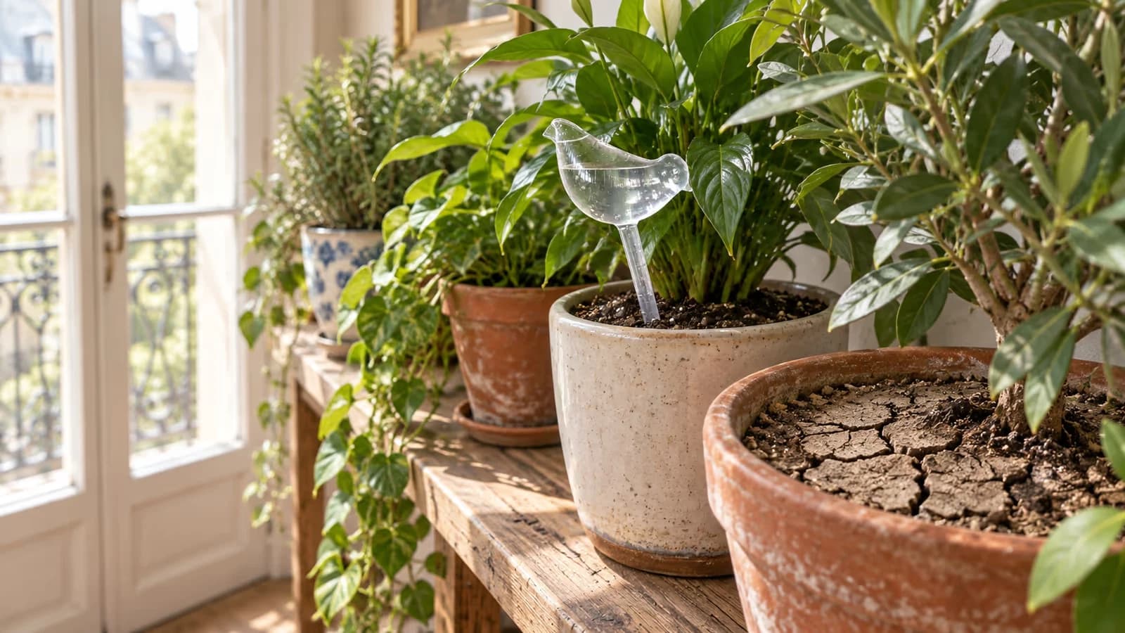Rangée de pots d'intérieur près d'une fenêtre, terreau clair et fissuré en surface