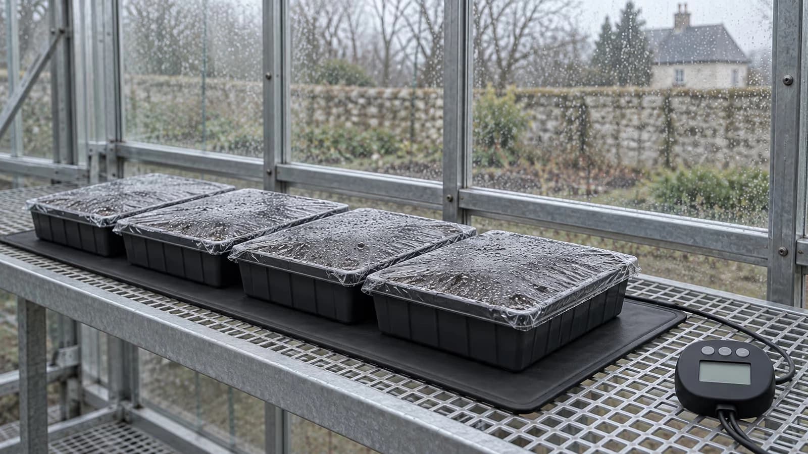 Plateaux de semis couverts d'un film transparent posés sur un tapis chauffant noir déroulé sur une étagère de serre froide