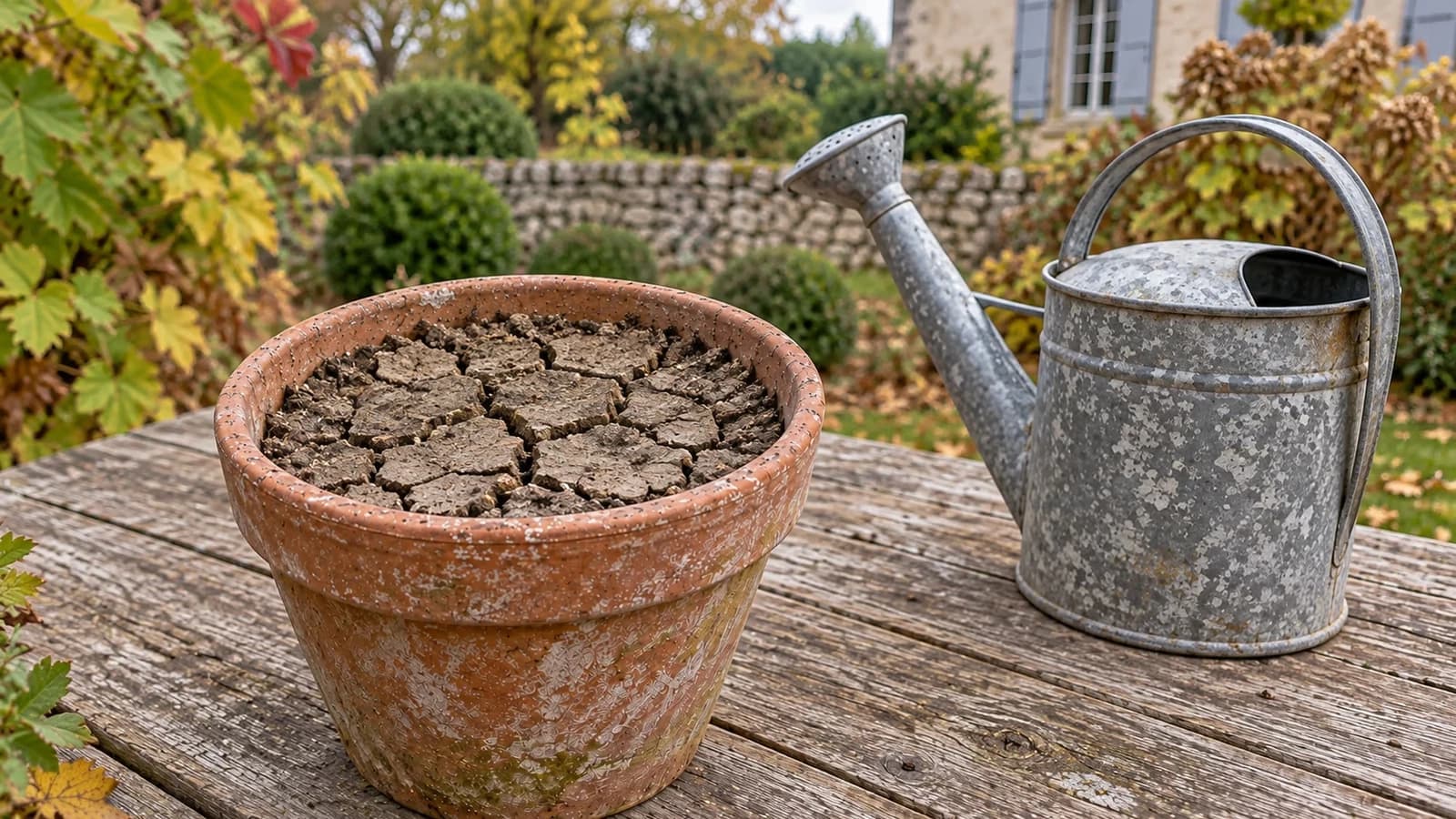 Pot de terre cuite sur une table, terreau de surface craquelé en plaques, arrosoir posé à côté