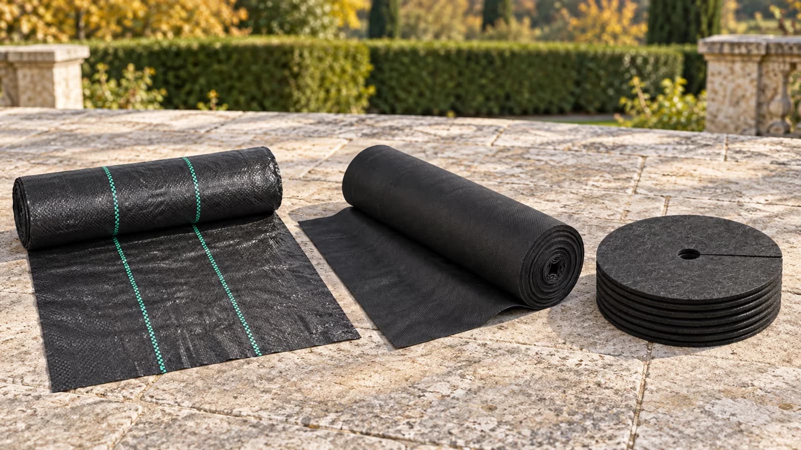 Trois formats de toile de paillage posés côte à côte sur une terrasse : deux rouleaux noirs et un lot de disques ronds