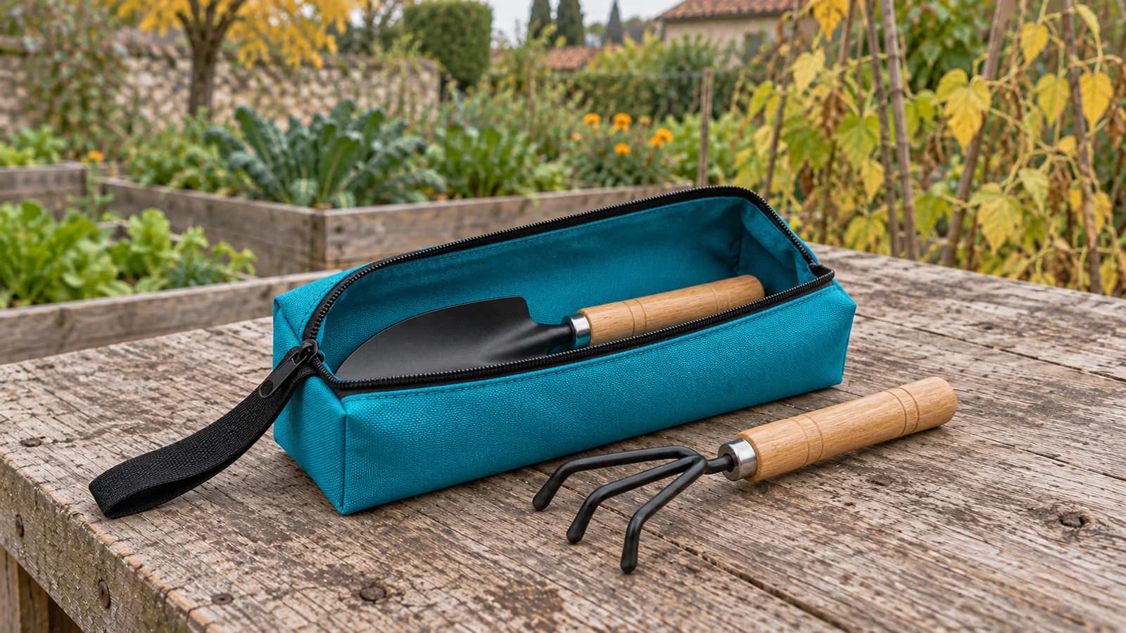 Pochette à outils en toile turquoise ouverte sur un établi, un transplantoir glissé dedans et un cultivateur posé devant