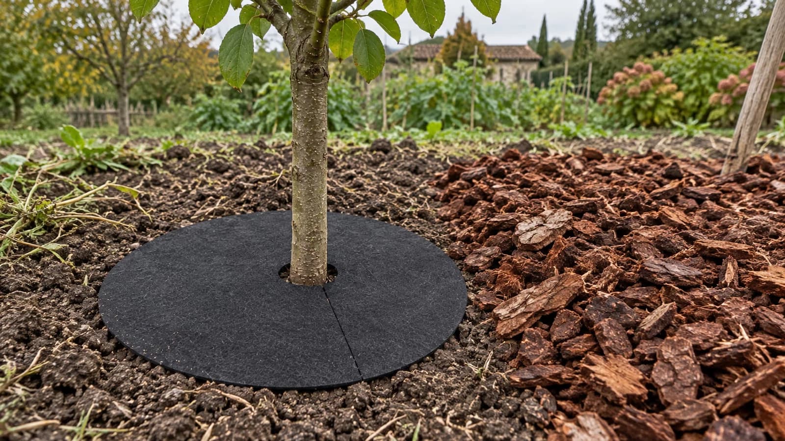 Disque de toile noir et écorce de pin posés côte à côte au pied d'un jeune arbre