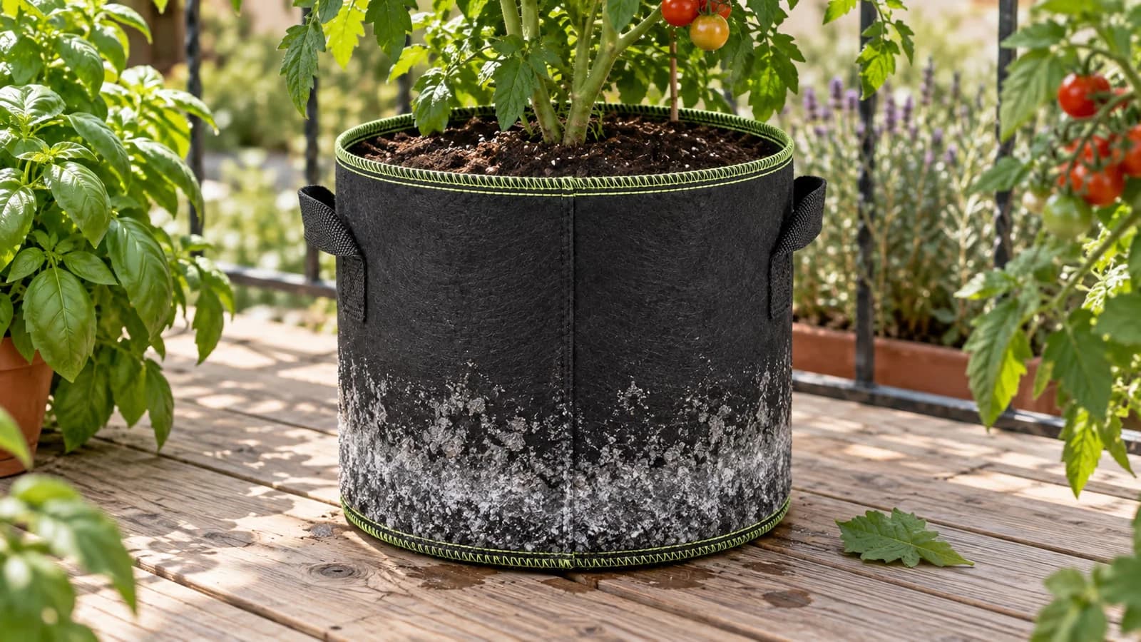 Pot en tissu noir de balcon portant un dépôt blanc cristallin en bande sur sa paroi, entouré de feuillage