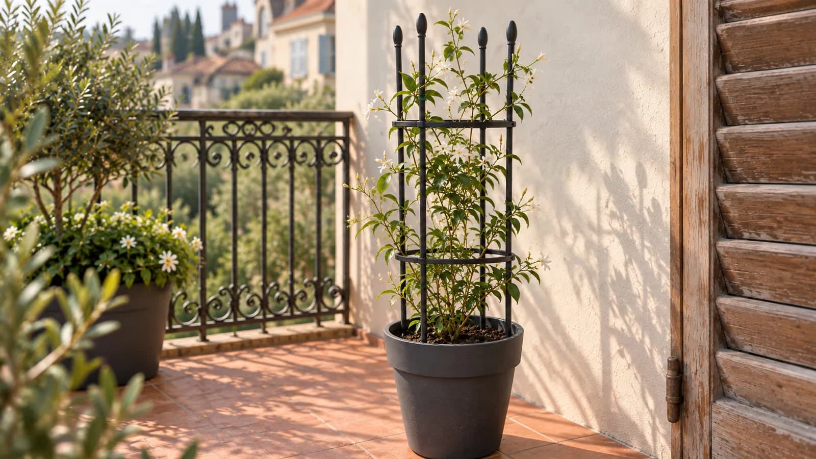 Tour treillis métallique plantée dans un grand pot de balcon, tiges de jasmin attachées aux montants, lumière du matin