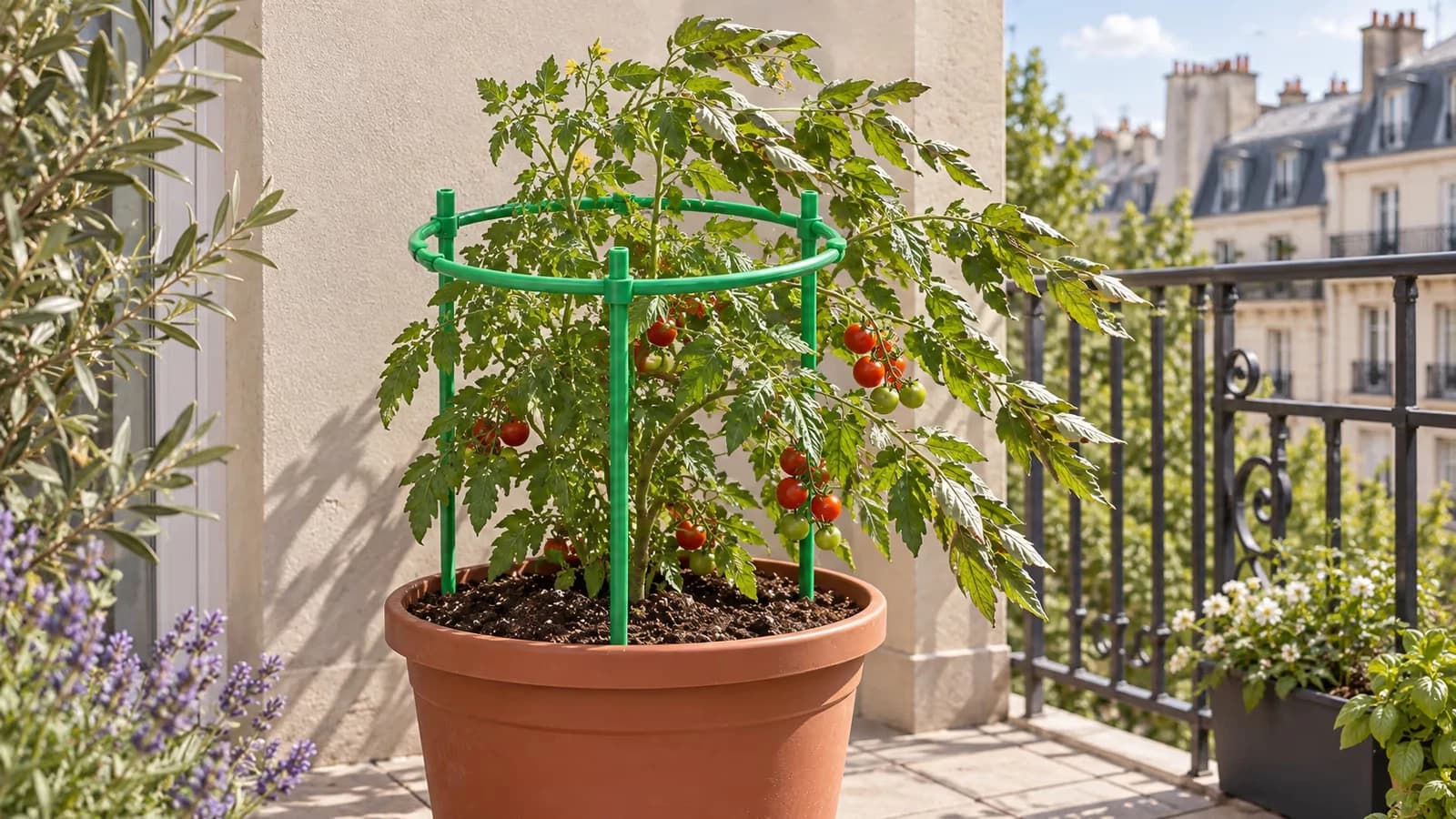 Pied de tomate en pot sur un balcon d'immeuble, anneaux verts autour de la tige et feuillage agité par le vent