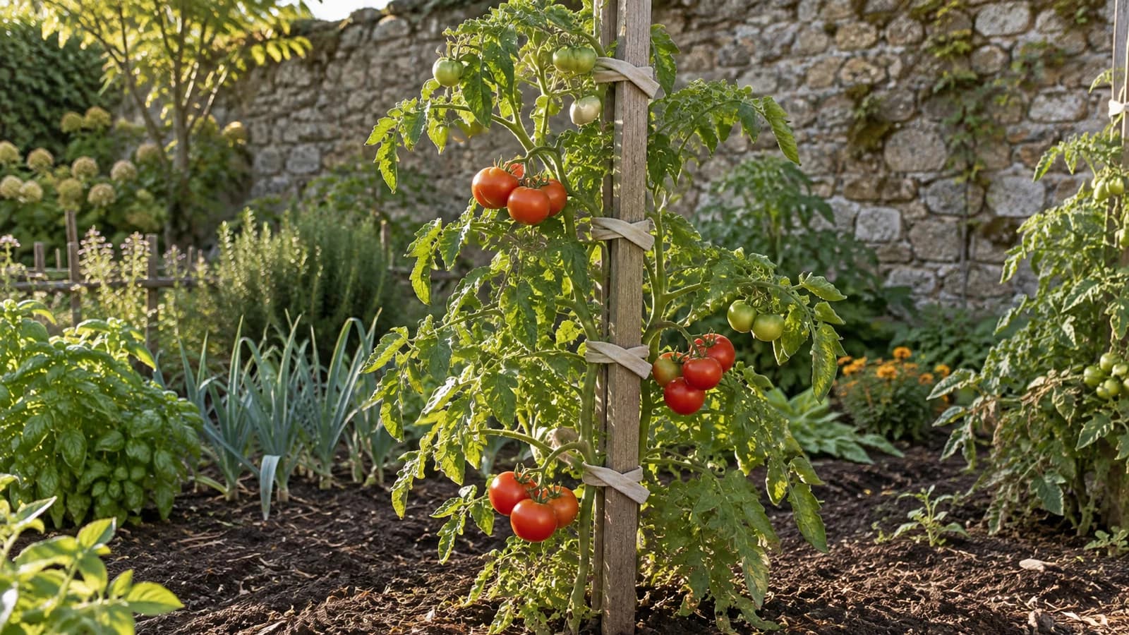 Plant de tomate chargé de fruits, maintenu droit par un tuteur en bois et des liens souples