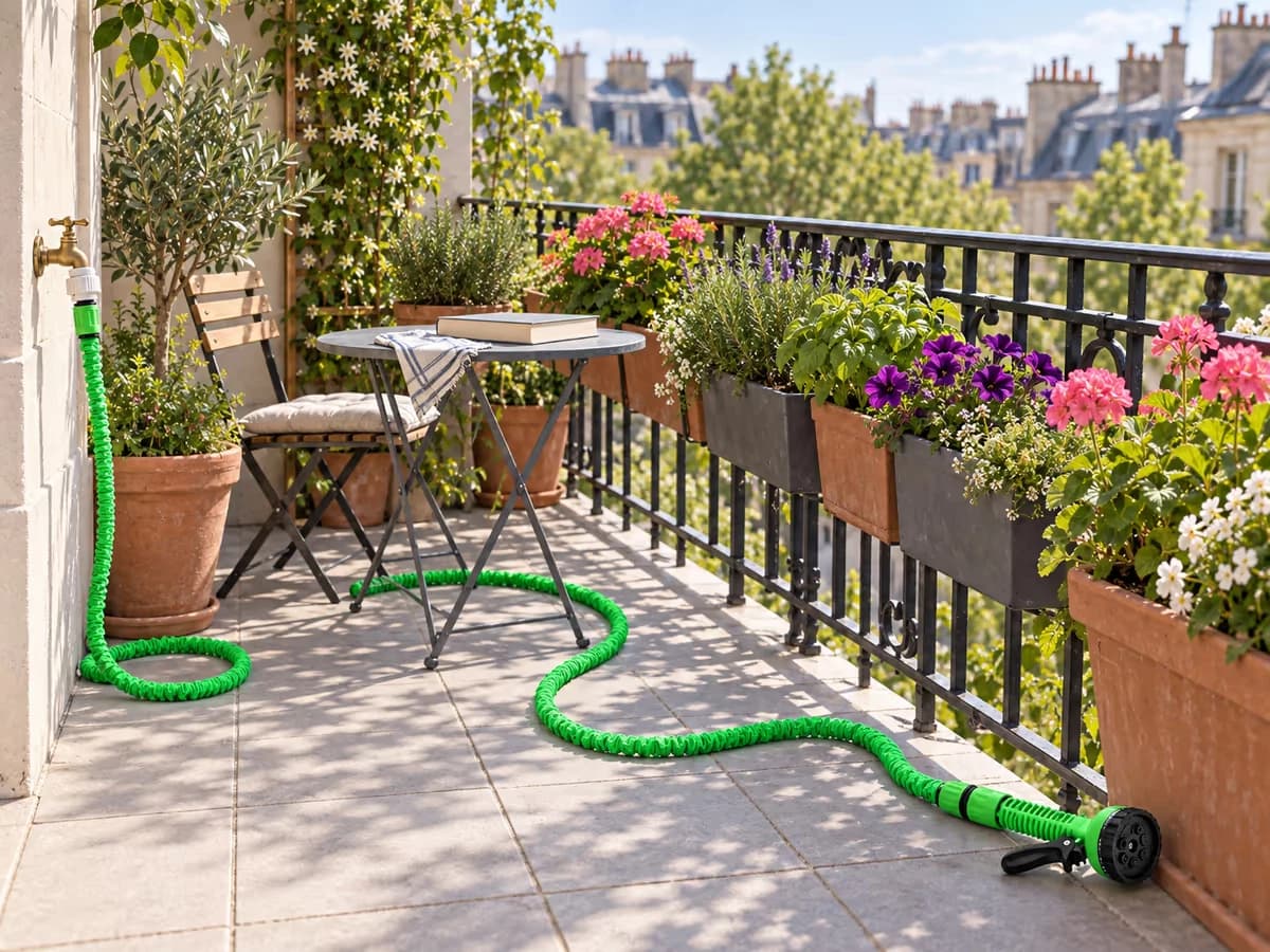 Tuyau extensible vert déployé le long d'un balcon, du robinet aux jardinières du garde-corps