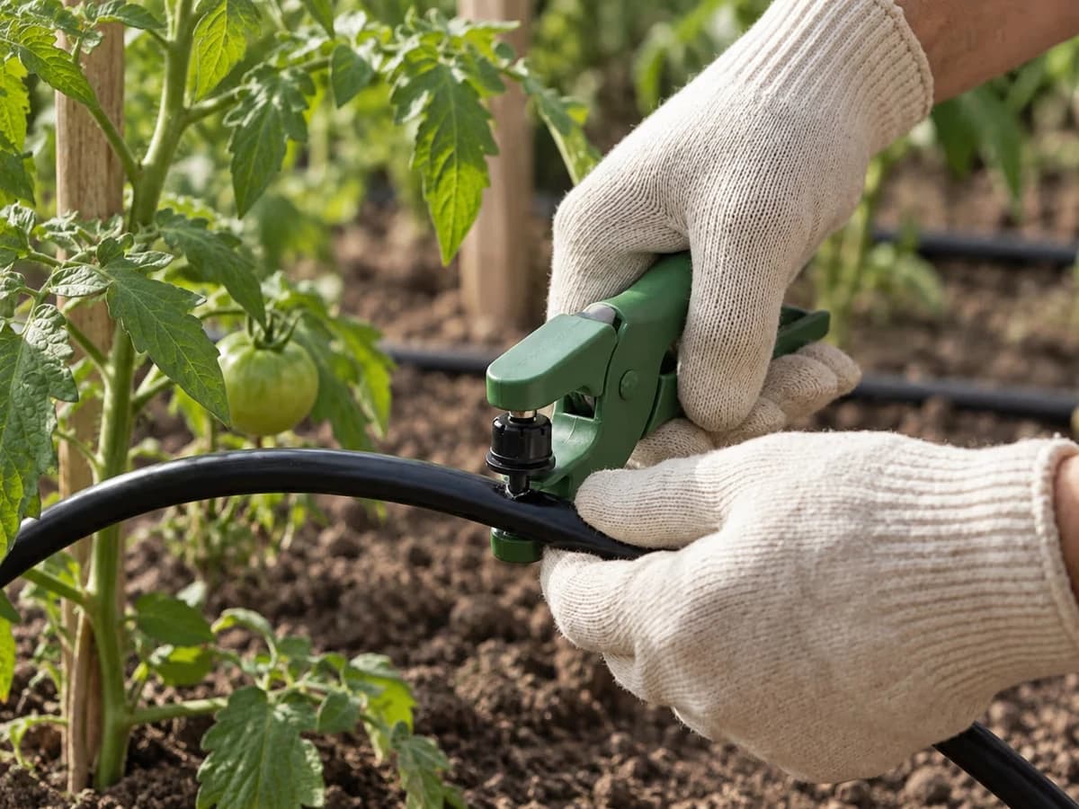 Mains gantees piquant un goutteur reglable dans un tuyau 16 mm a l'aide d'un poincon