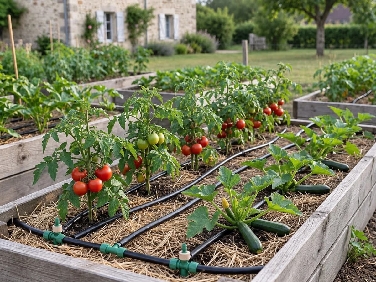 Tuyau goutte a goutte deploye au pied de plants de tomates et de courgettes dans un potager familial
