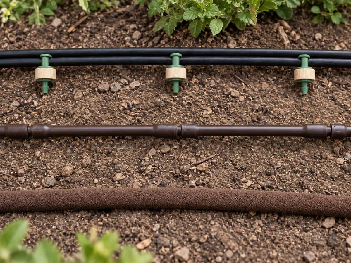 Trois types de tuyaux d'irrigation cote a cote : goutteurs ponctuels, goutteurs integres et micro-poreux