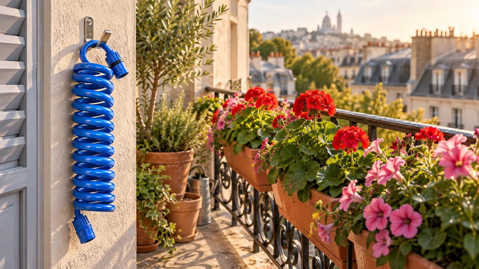 Tuyau spiralé rétractable bleu suspendu à un crochet sur un mur de balcon, jardinières fleuries en contrebas, lumière douce du matin