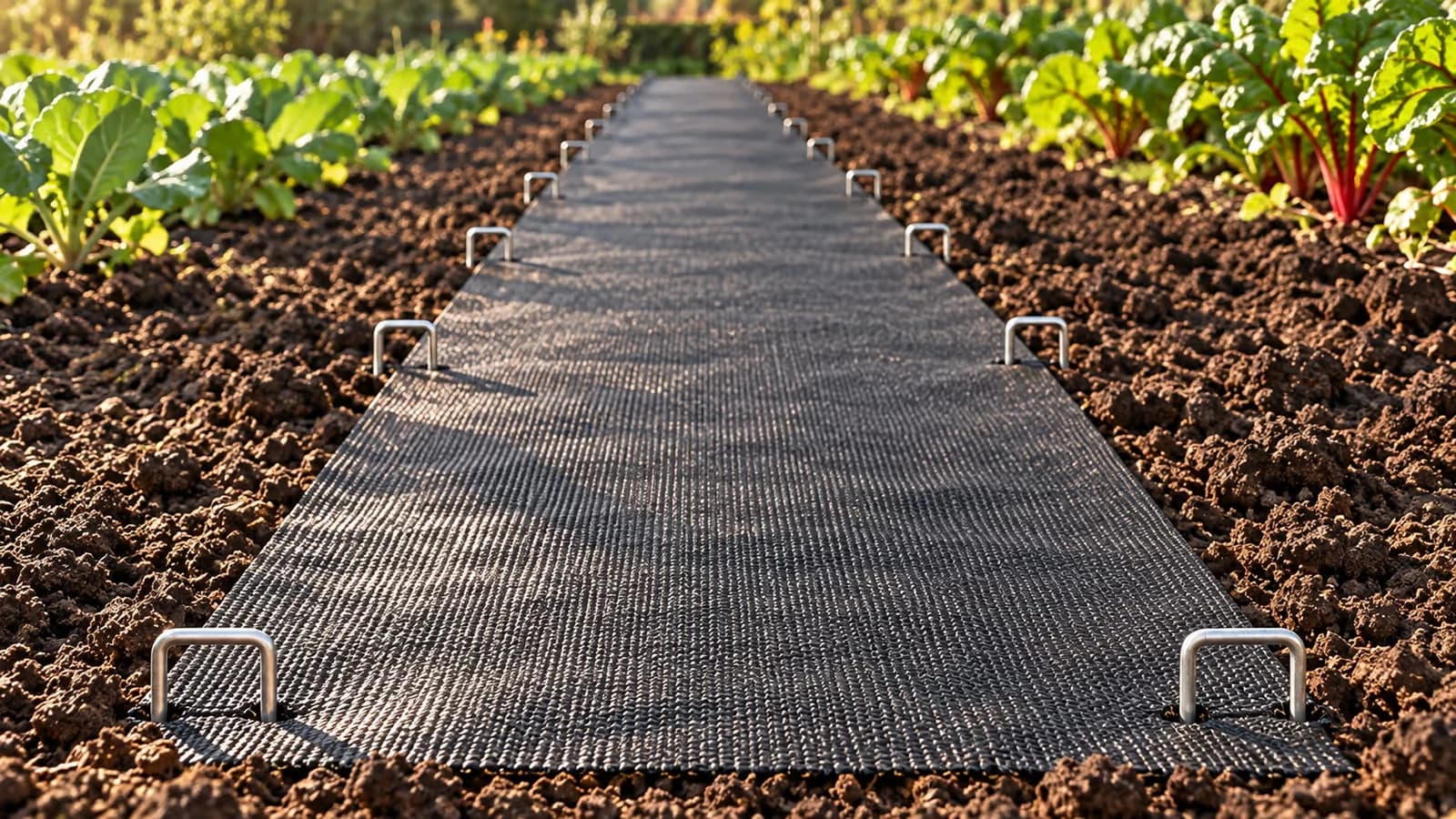 Rang de potager couvert d'un seul lé de toile de paillage, agrafes plantées le long des deux rives